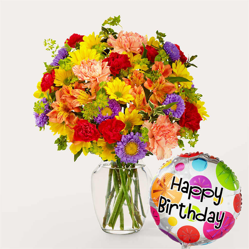 Kaleidoscope Bouquet with Birthday Balloon – Flowers By Dillenbecks, Johnson City NY