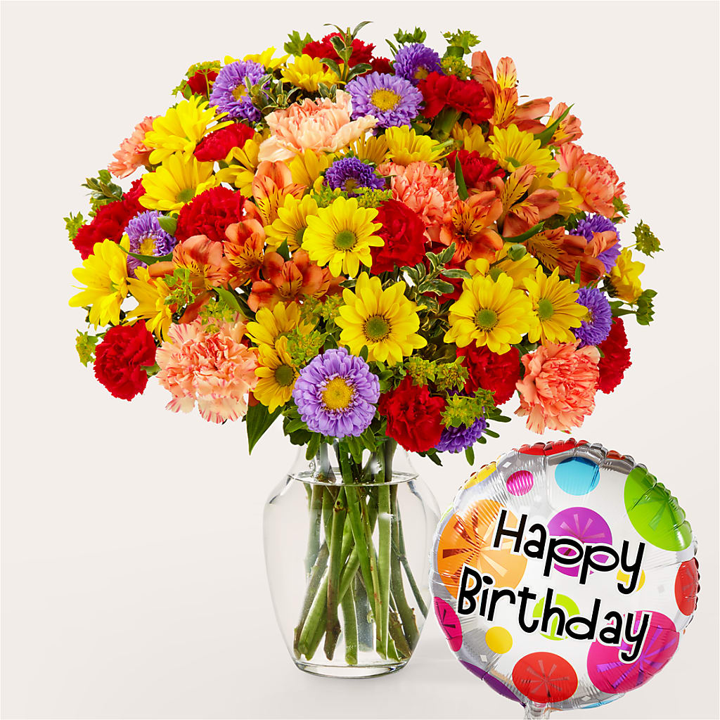 Kaleidoscope Bouquet with Birthday Balloon – Flowers By Dillenbecks, Johnson City NY